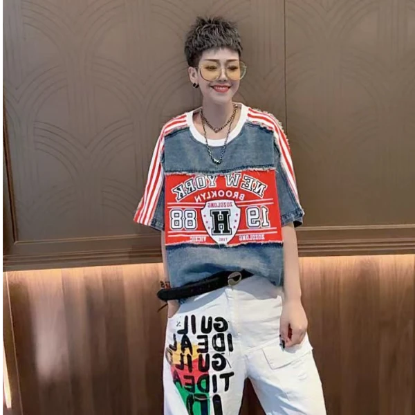 YY欧货潮牌夏季牛仔设计拼接款短袖36305