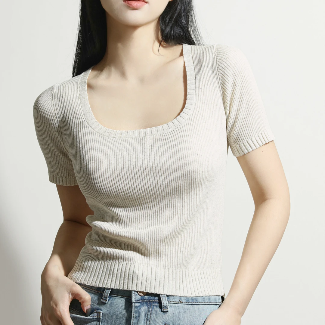 2025夏新品 天丝亚麻大方U领针织T恤短袖上衣