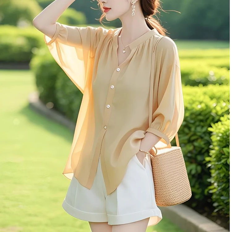 独特漂亮小衫宽松时尚显瘦雪纺衬衫女夏季仙气飘飘七分袖气质上衣