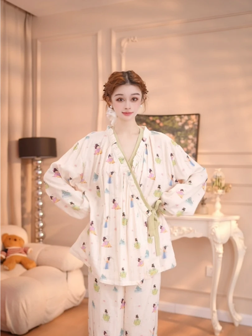 秋款唐娃娃国风新中式清新优雅睡衣女套装宽松睡衣【仕女图 长袖】
