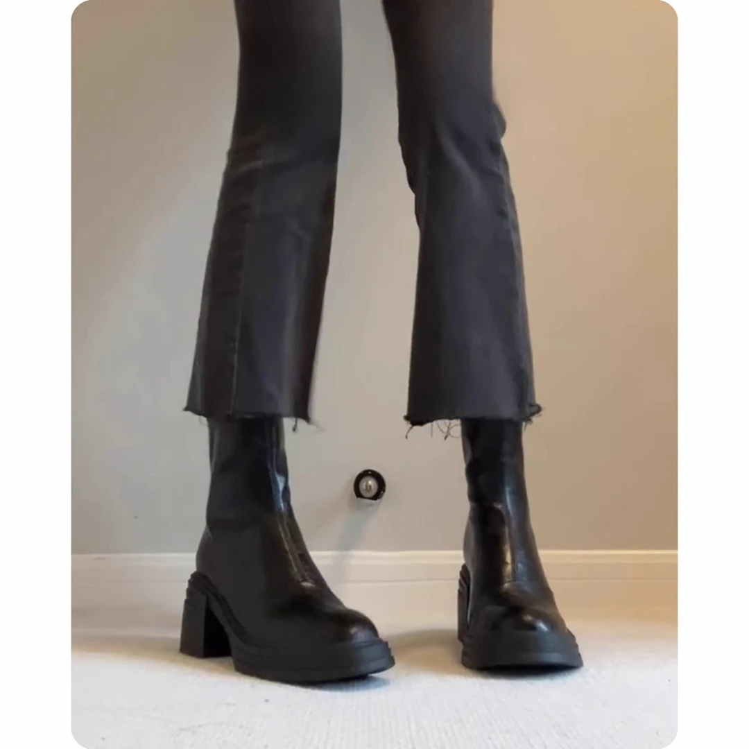 游今希~小个子增高6CM短靴女圆头厚底马丁靴高跟鞋秋冬粗跟瘦瘦靴