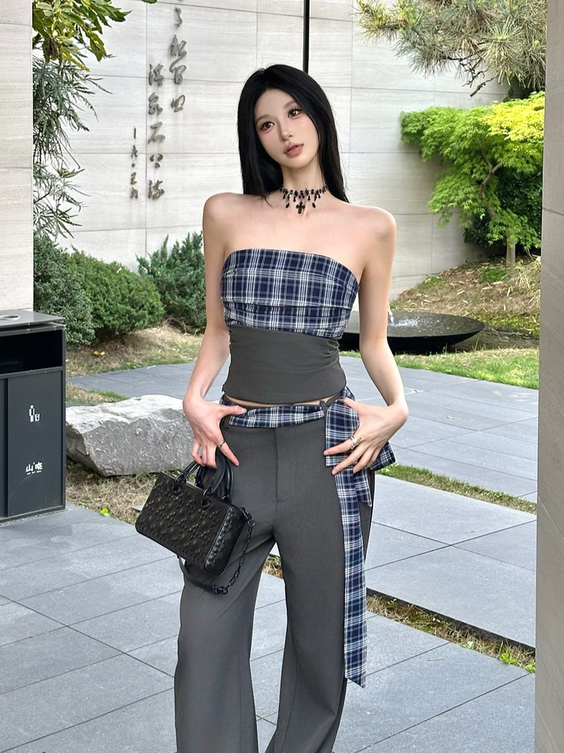 MOONSEE格纹撞色拼接抹胸背心上衣女宽松系带阔腿西装裤两件套装