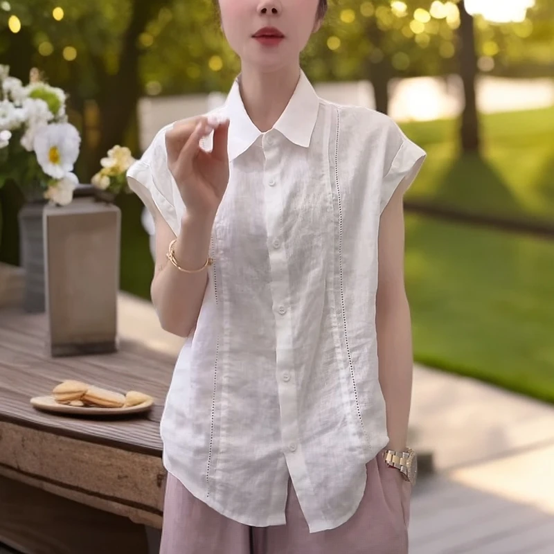 白色时尚亚麻短袖衬衫女2025新款夏季减龄洋气设计感镂空高端上衣