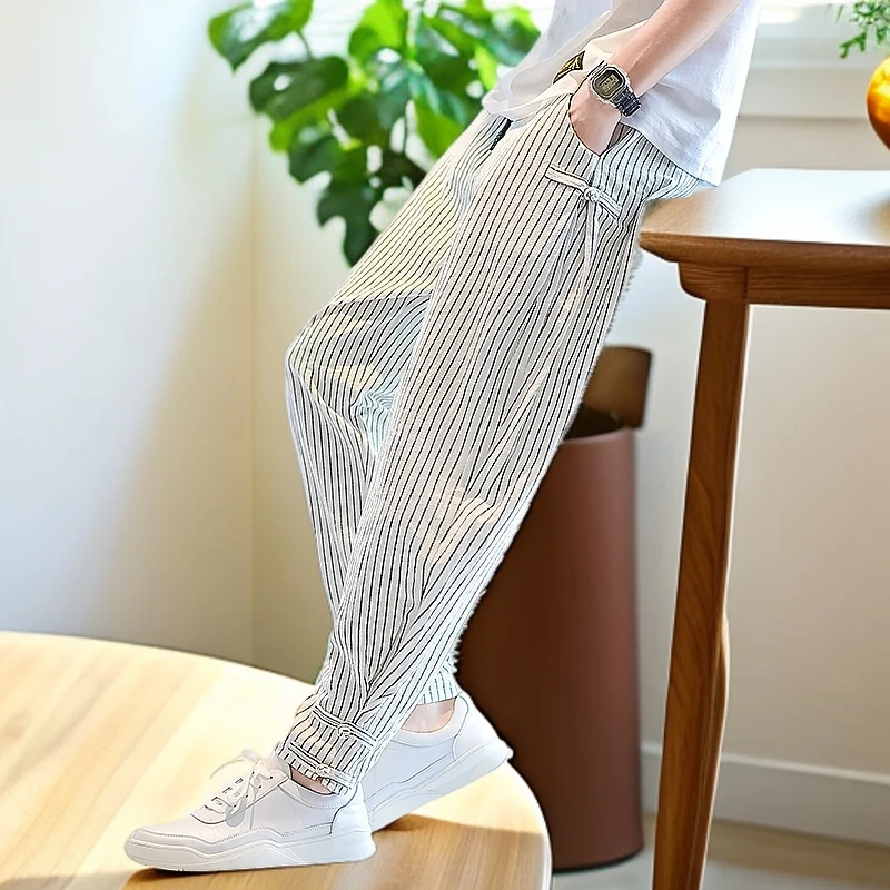 棉麻休闲裤男大码束脚九分裤青年夏季宽松亚麻阔腿裤运动百搭裤子