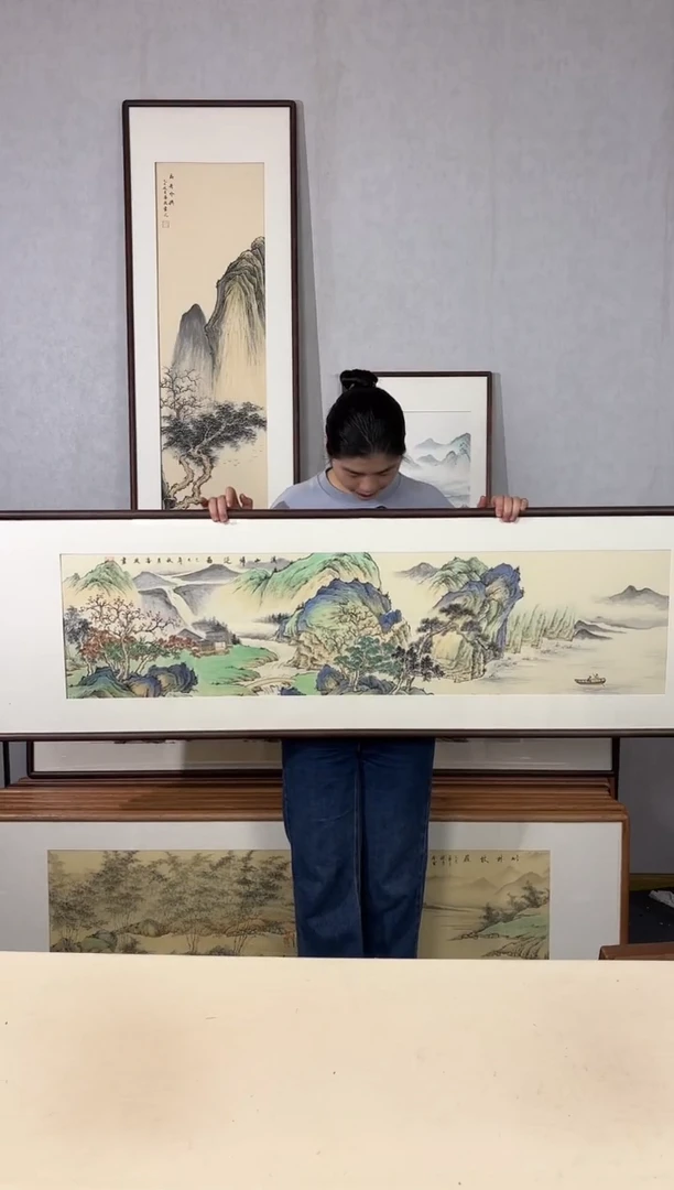 国画手绘*溪山归泛图*52*172cm带框发货