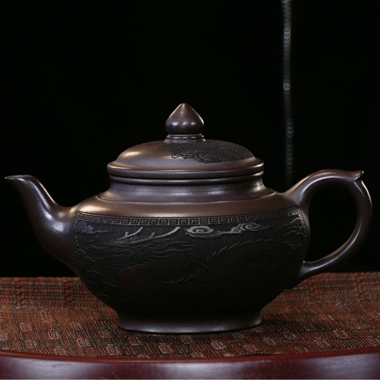 宜兴原矿紫砂壶-笑樱 石红 龙凤呈祥