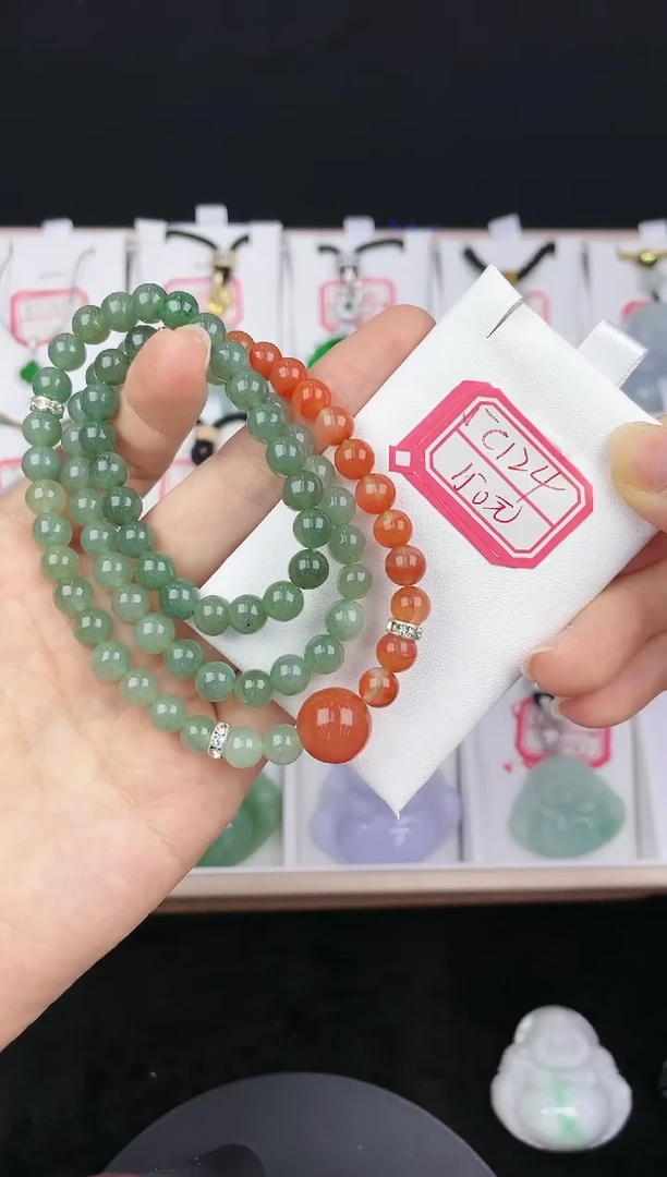未镶嵌手串翡翠孤品5C124翡翠南红翡翠三圈手串