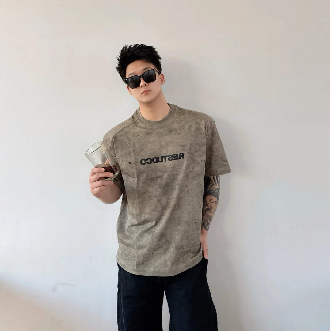 【7U添】2025夏季美式重工扎染水洗短袖高级感时尚百搭透气宽松T恤