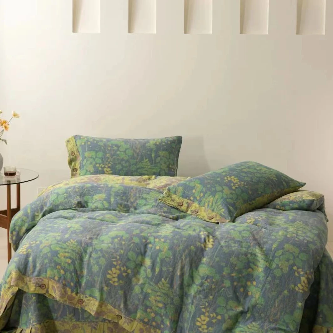 1.5*2米单人被套纯棉双层纱色织提花100%全棉被罩母婴A类纽扣款