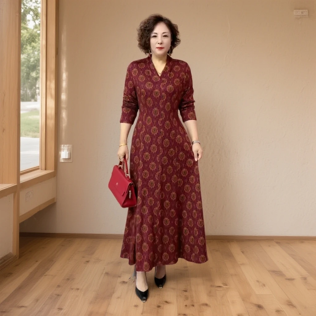 80110秋冬时尚洋气貂绒连衣裙中年妈妈碎花V领加肥加大长裙大摆裙