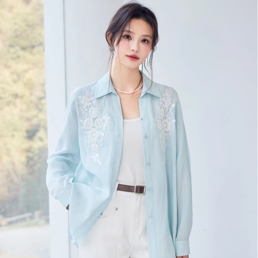 休闲风衬衫袖衬衫领衬衫长袖夏季设计感春季时尚百搭绣花Q2567
