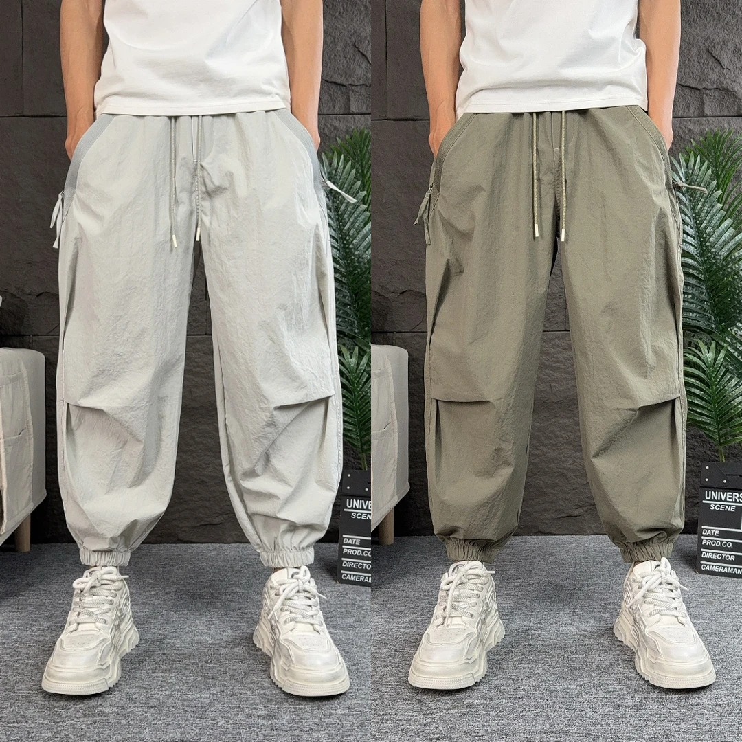 夏季薄款宽松垂感束脚休闲裤男褶皱百搭抽绳小脚萝卜裤潮牌九分裤