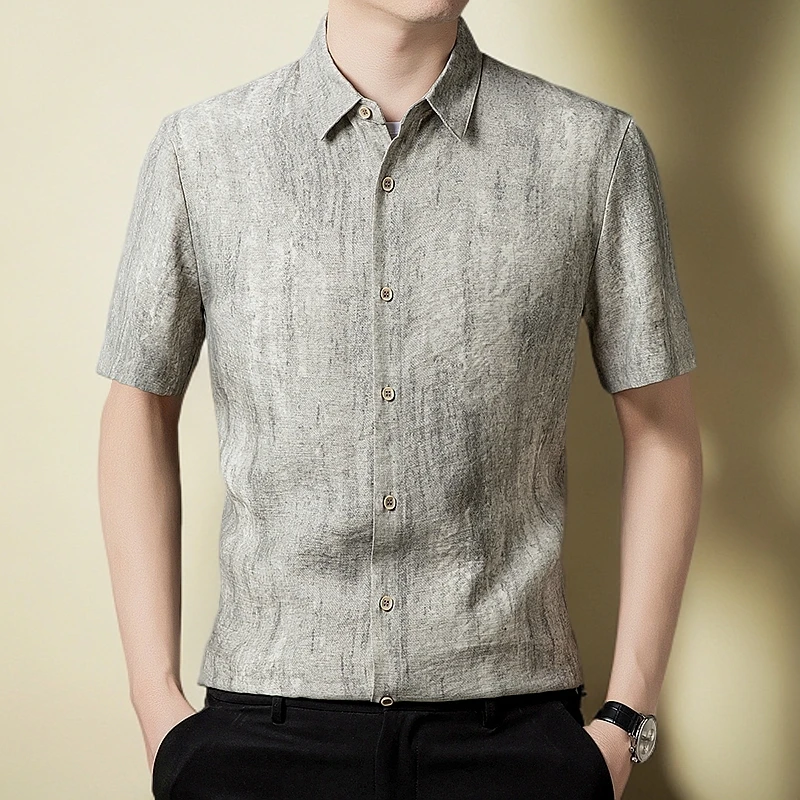 保罗夏季短袖中年潮流绅士简约印花衬衫男士高档亚麻衬衣商务休闲