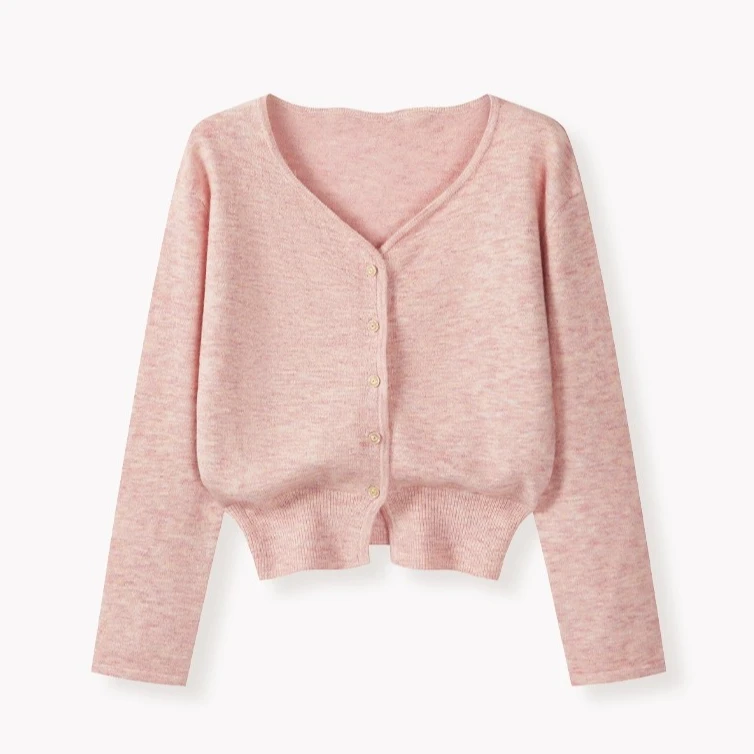 羊城故事-法式粉色v领针织开衫女甜美收腰小衫上衣Y50953753