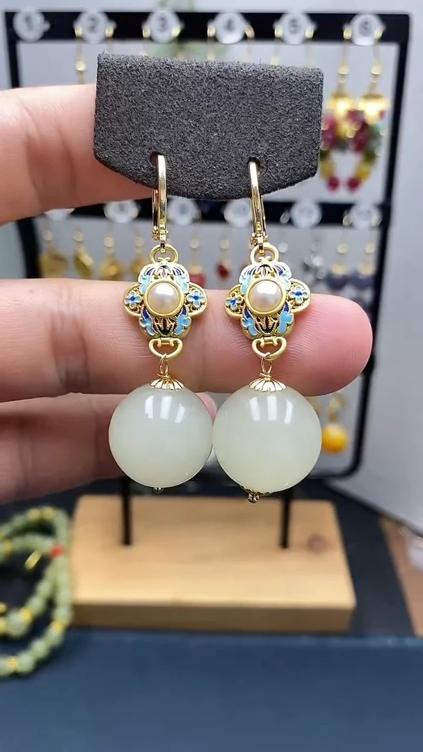 和田玉银S925镀金镶嵌耳饰尺寸16mm耳扣A2