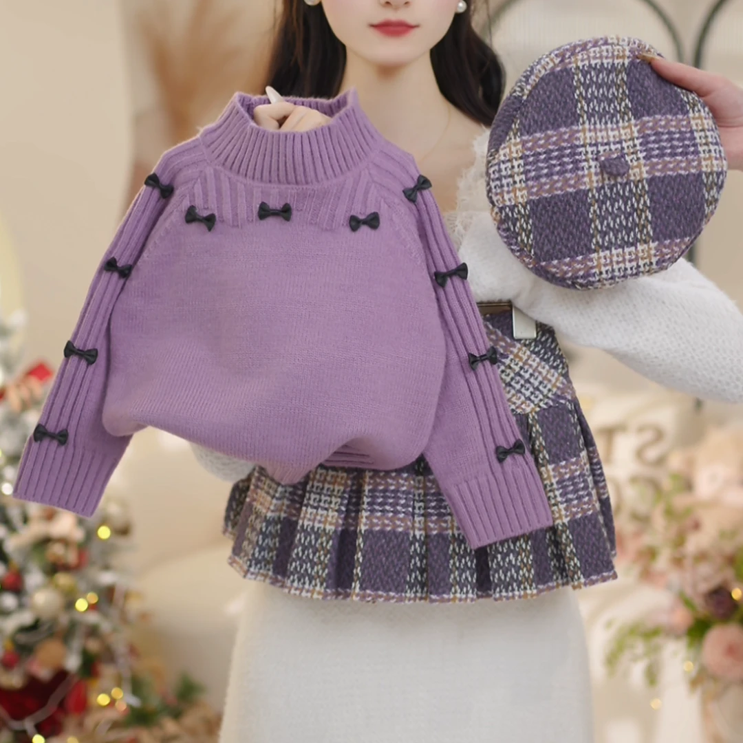 女童2025冬季新款圆领加厚秋冬毛衣儿童➕小香风格子百褶裙C25166