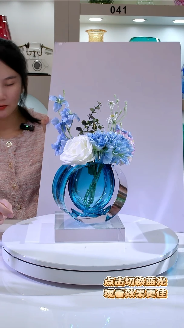 琉璃阿*蓝色气泡花瓶送底座