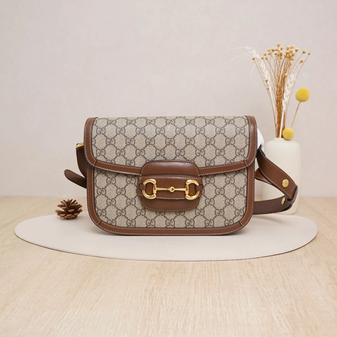 95新 GUCCI/古驰 古驰1955马衔扣马鞍包中号老花拼棕/DS042906