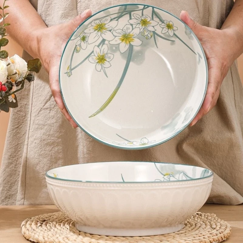 水仙花9英寸浮雕汤盆2个装  破损补发