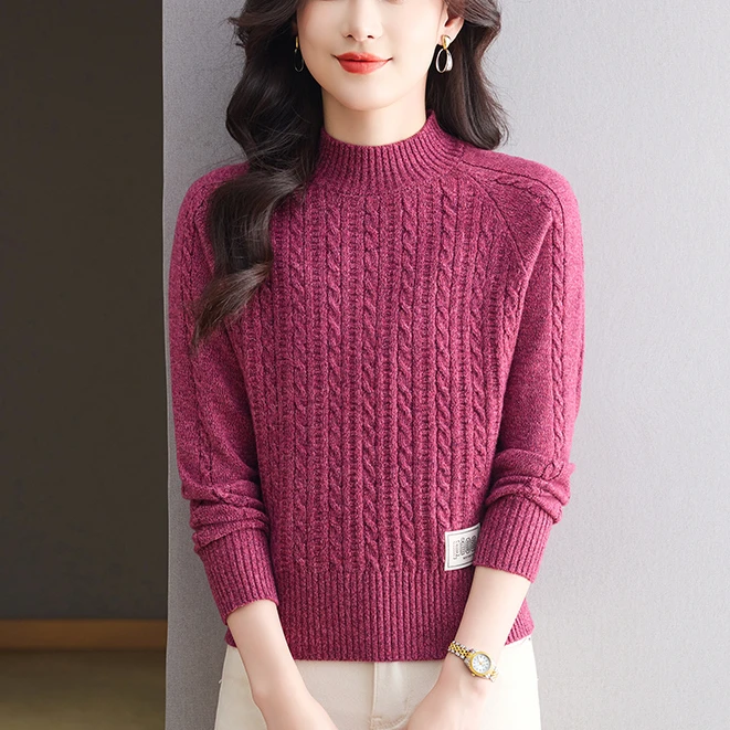 冬季新款绞花洋气时尚花纱短款半高领女毛衣宽松显瘦厚针织打底衫