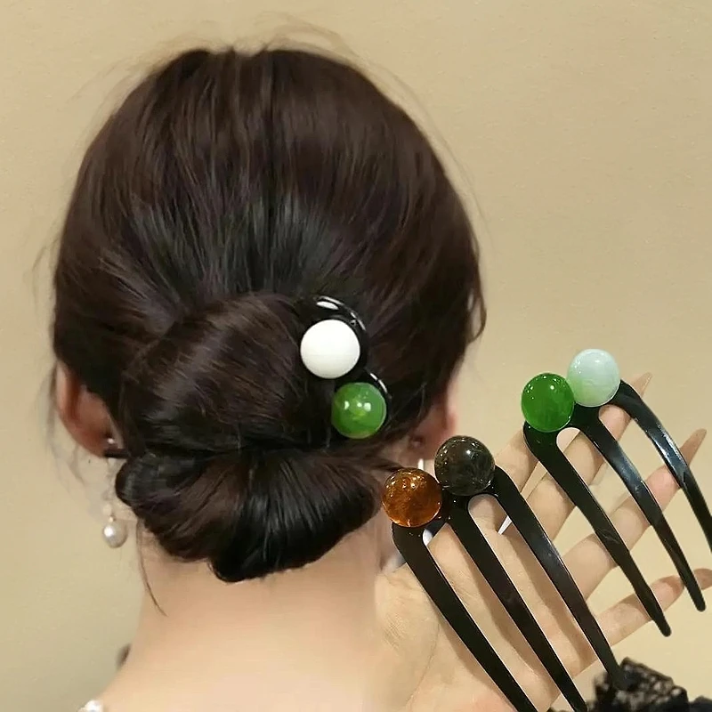 简约珠珠三齿发簪女时尚百搭气质簪子发钗后脑勺盘发簪优雅复古