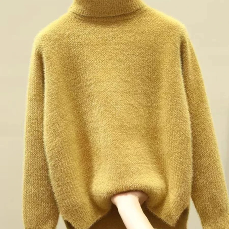 加绒/不加绒秋冬新高领加绒毛衣女宽松套头加厚打底针织衫