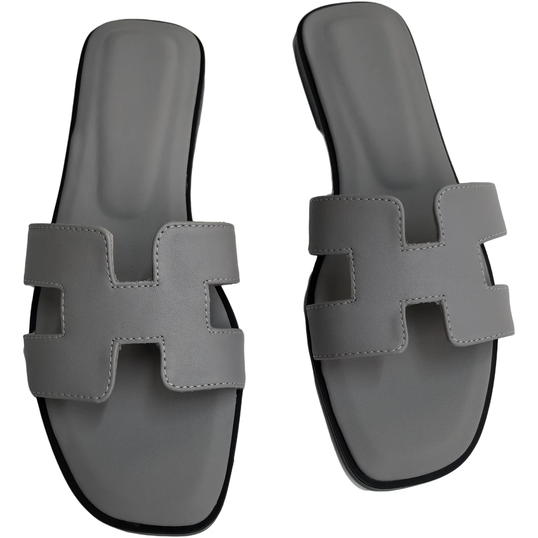 夏季H家经典百搭休闲真皮平底拖鞋舒适时尚