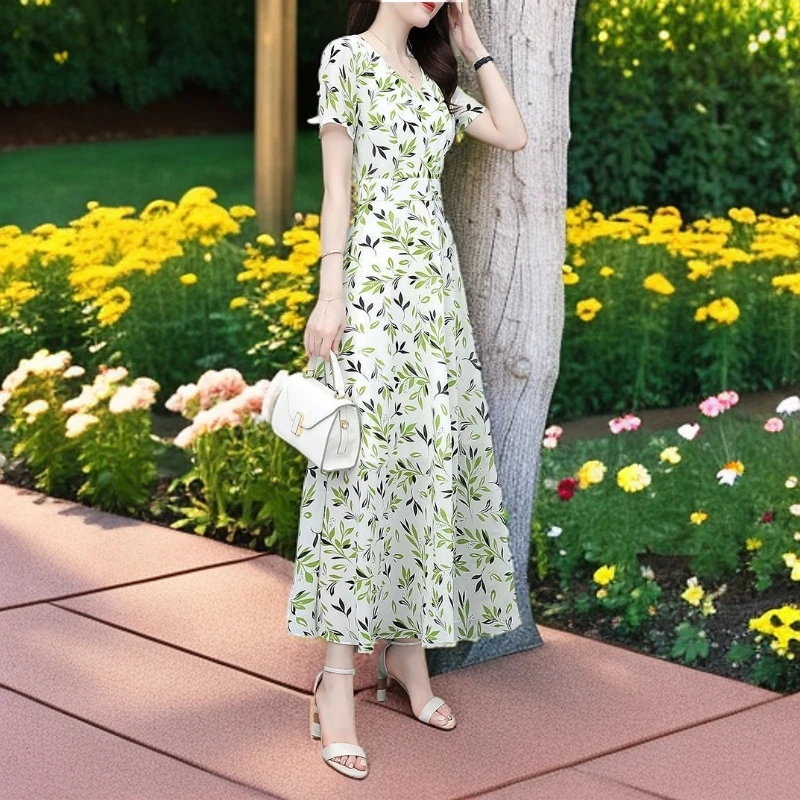 冰丝面料裙子连衣裙女2024夏长款新款气质淑修身显瘦小清新仙女裙