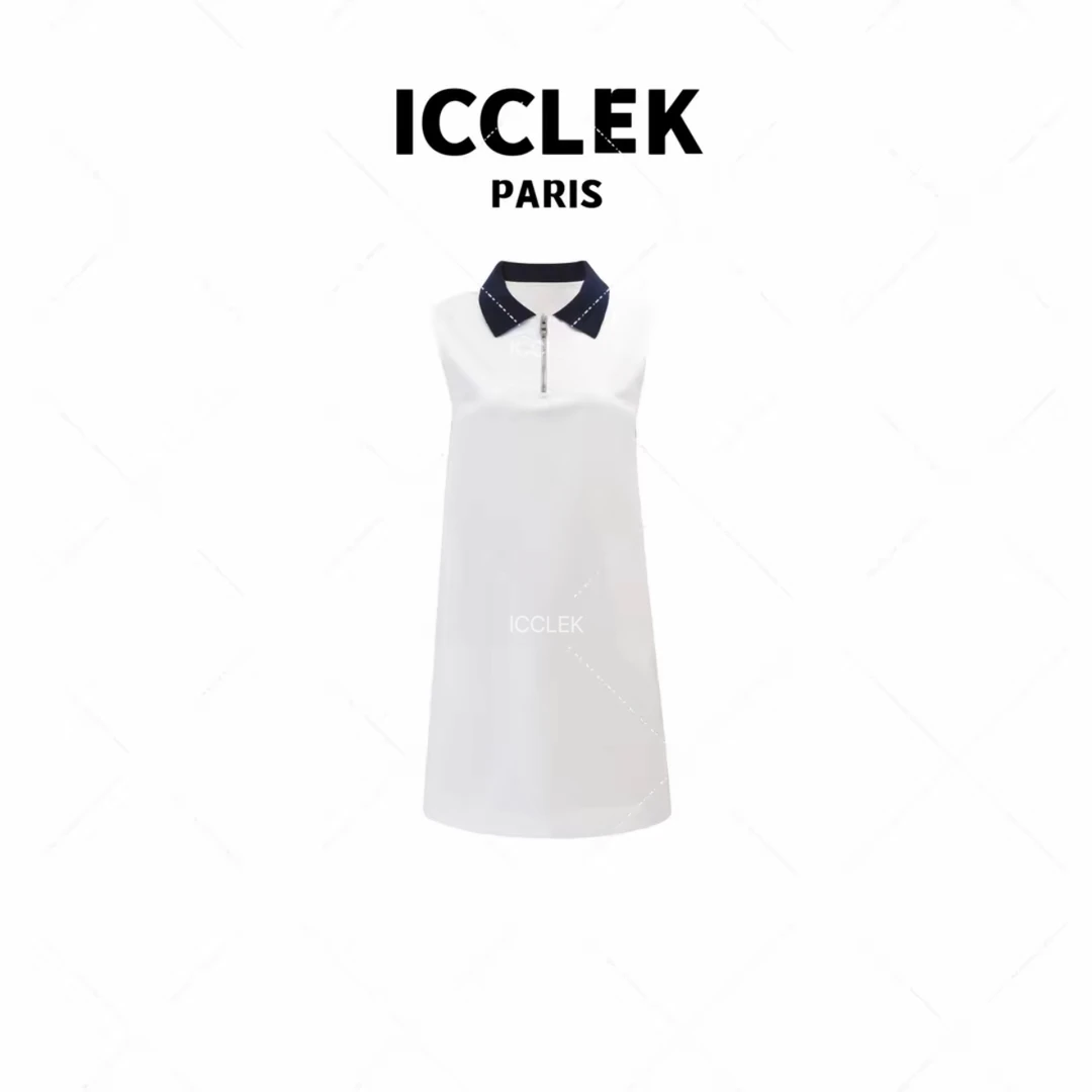 ICCLEK 夏季白色翻领无袖连衣裙修身显瘦气质百搭名媛 裙子 -1337