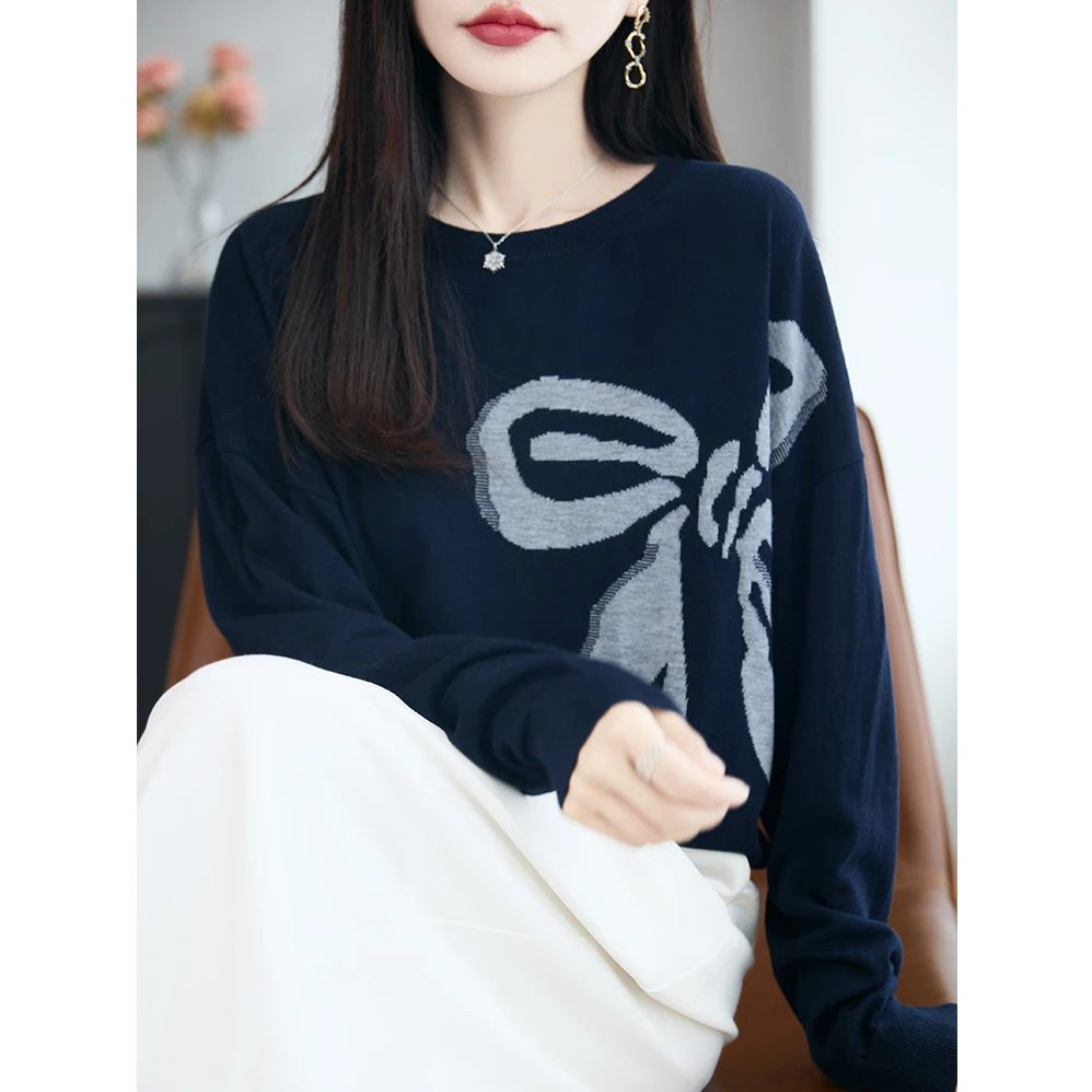 精纺羊毛 可机洗 不缩水不掉毛 设计师款大蝴蝶结圆领长袖针织