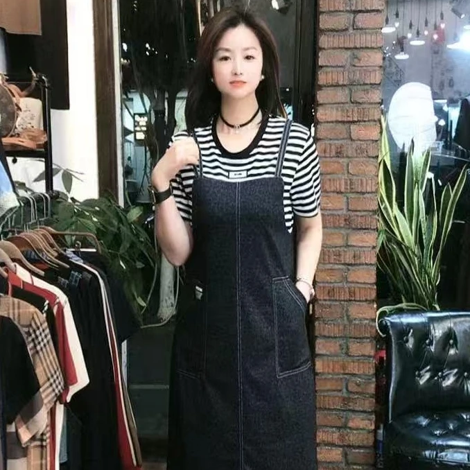 【太阳花】夏季拼接对襟套头假两件连衣裙牛仔显瘦韩版洋气百搭