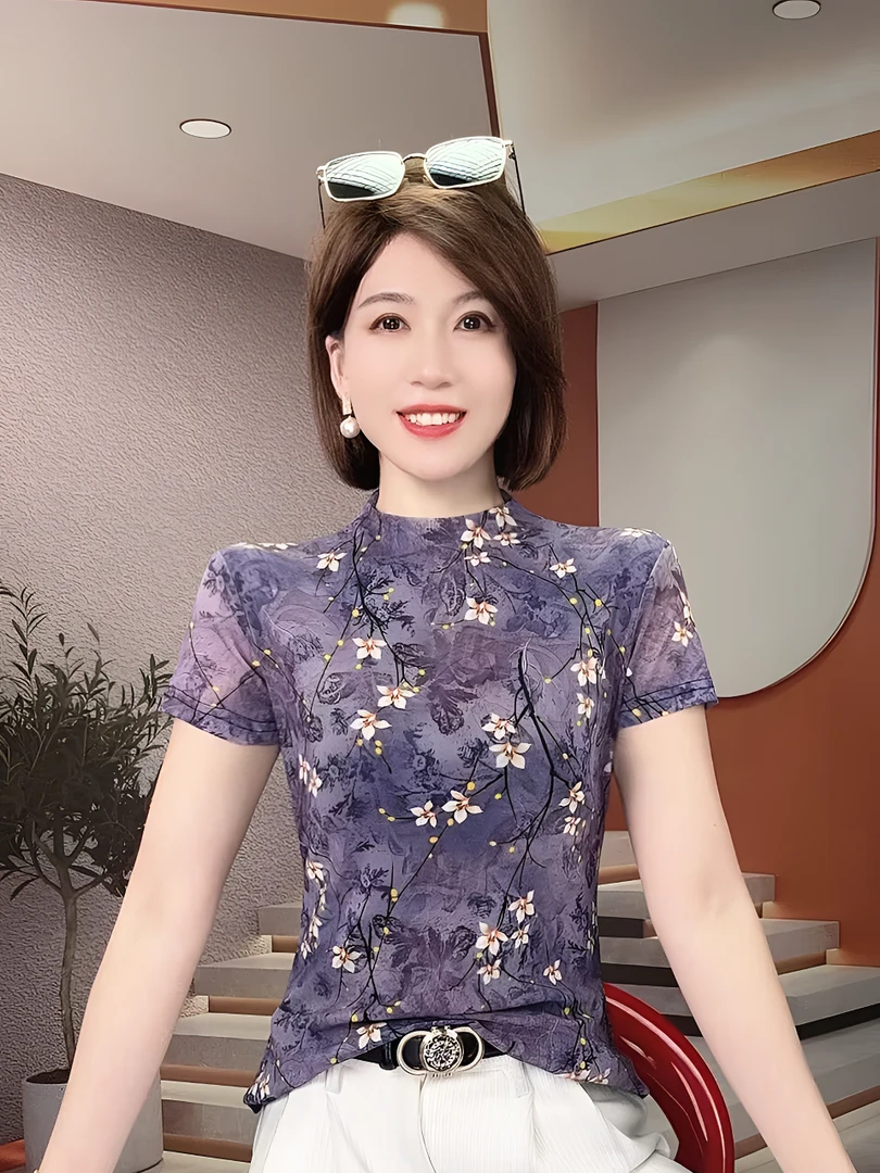 立领网纱打底衫女夏季高端欧货短袖t恤洋气印花弹力小衫显瘦上衣