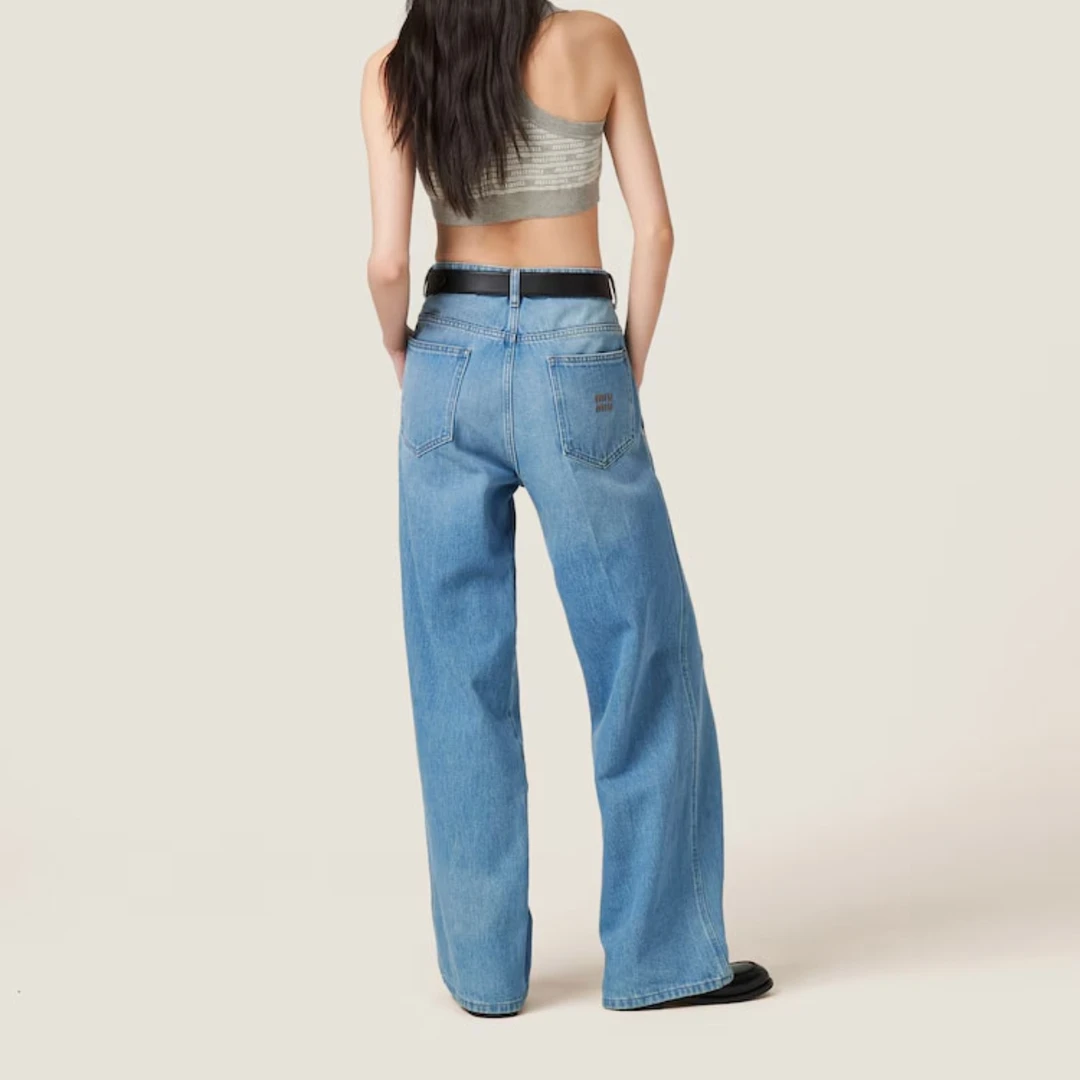 未使用 MIU MIU/缪缪 纯色拉链直筒侧口袋牛仔裤 蓝色/36