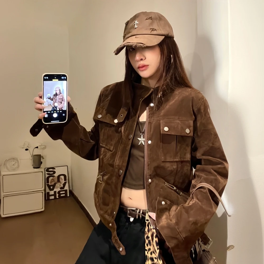 美拉德麂皮绒美式复古棕色夹克外套男女秋冬短款正肩上衣休闲百搭