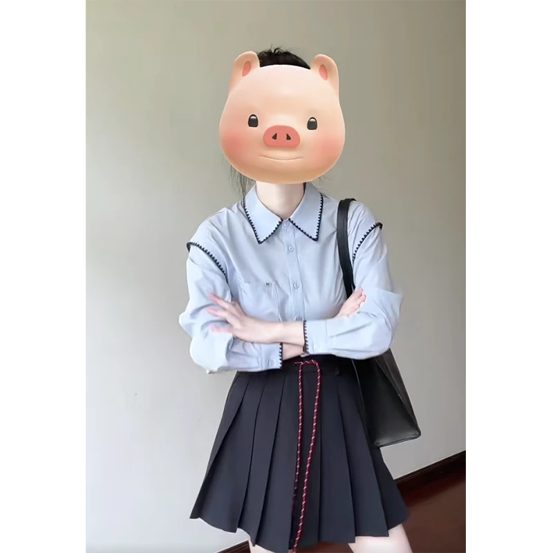 2025新款翻领排扣显瘦百搭小众韩系气质长袖时尚衬衣百褶半身短裙