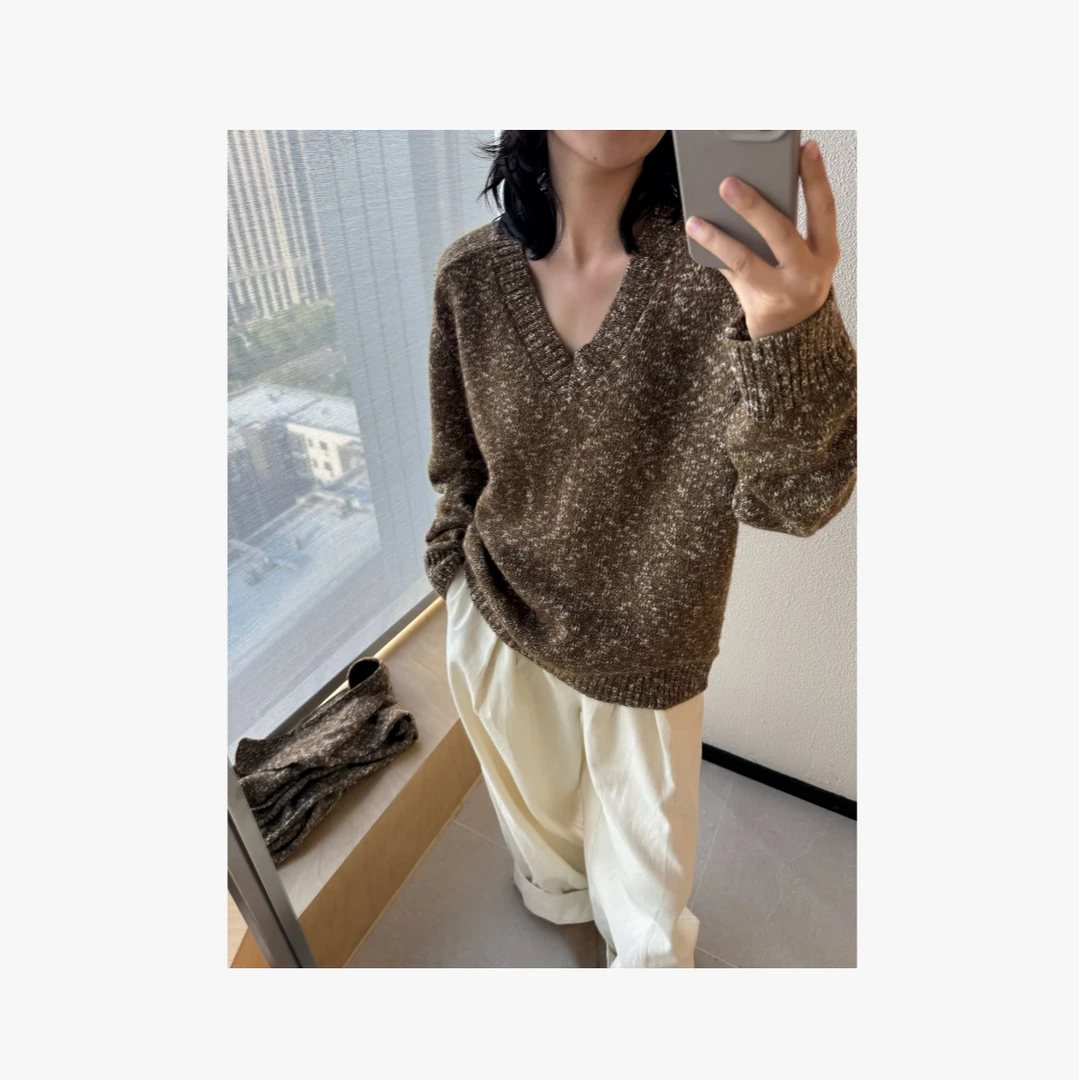 MANGO steen‘s丨花纱廓形羊毛慵懒感针织v领套头毛衣I7314