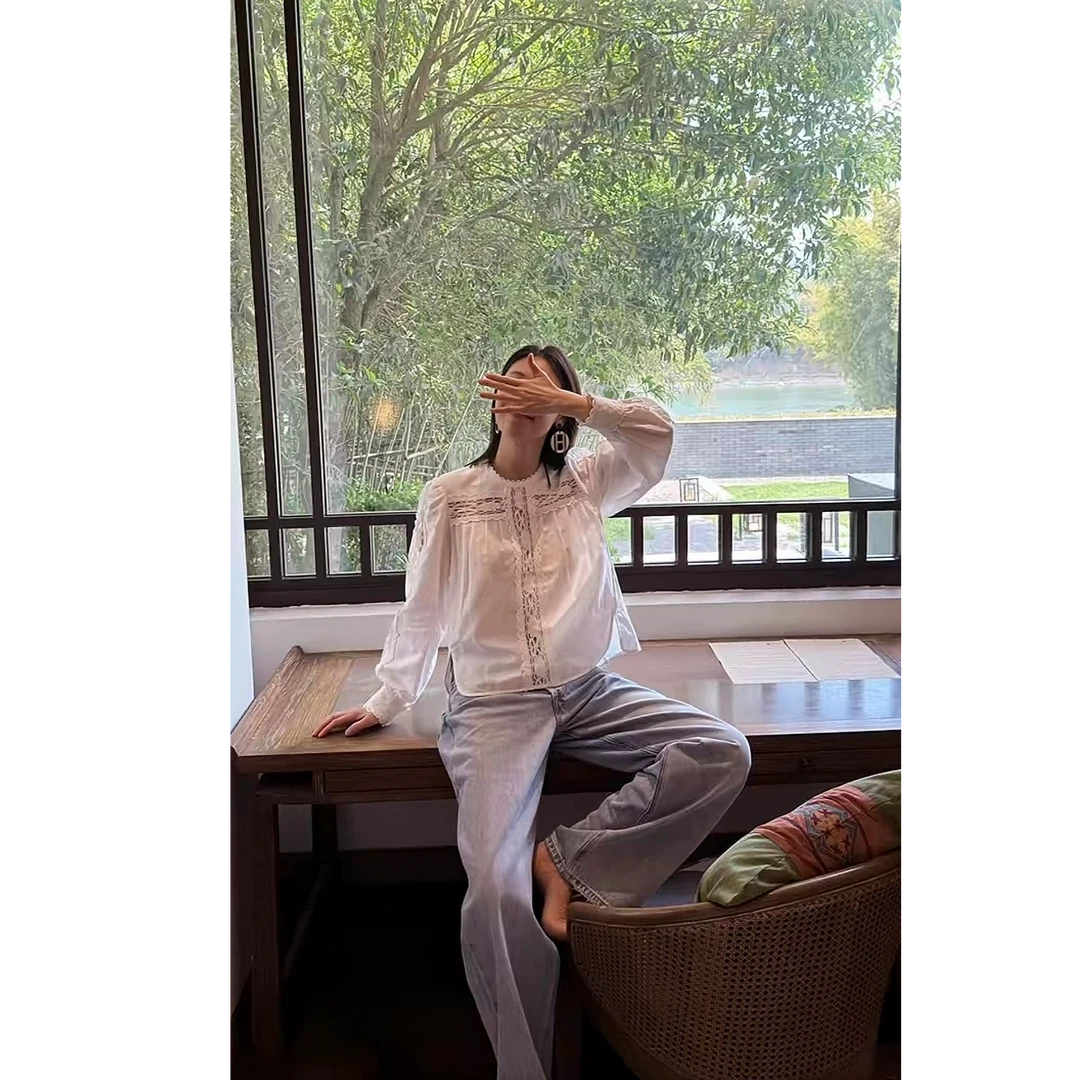 F3766镂空拼接简约百搭长袖圆领衬衫