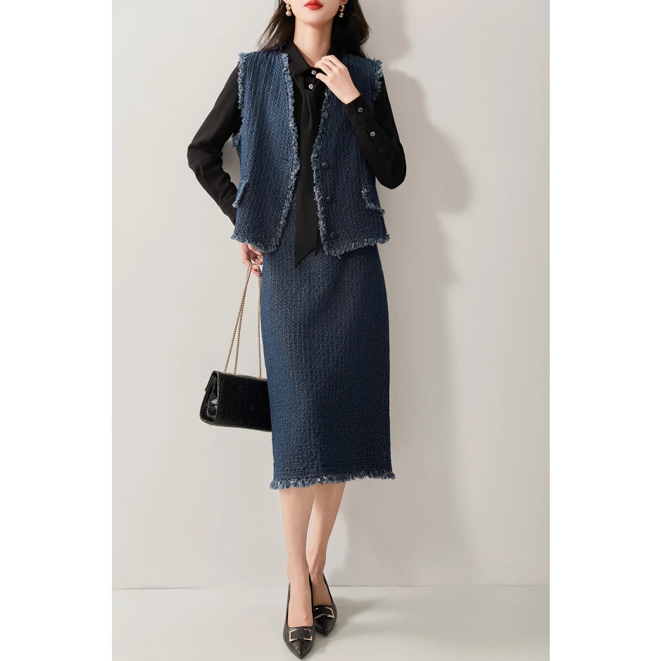 【复古香风】编织格纹肌理 手工拉毛牛仔马甲背心A字半裙套装女秋季