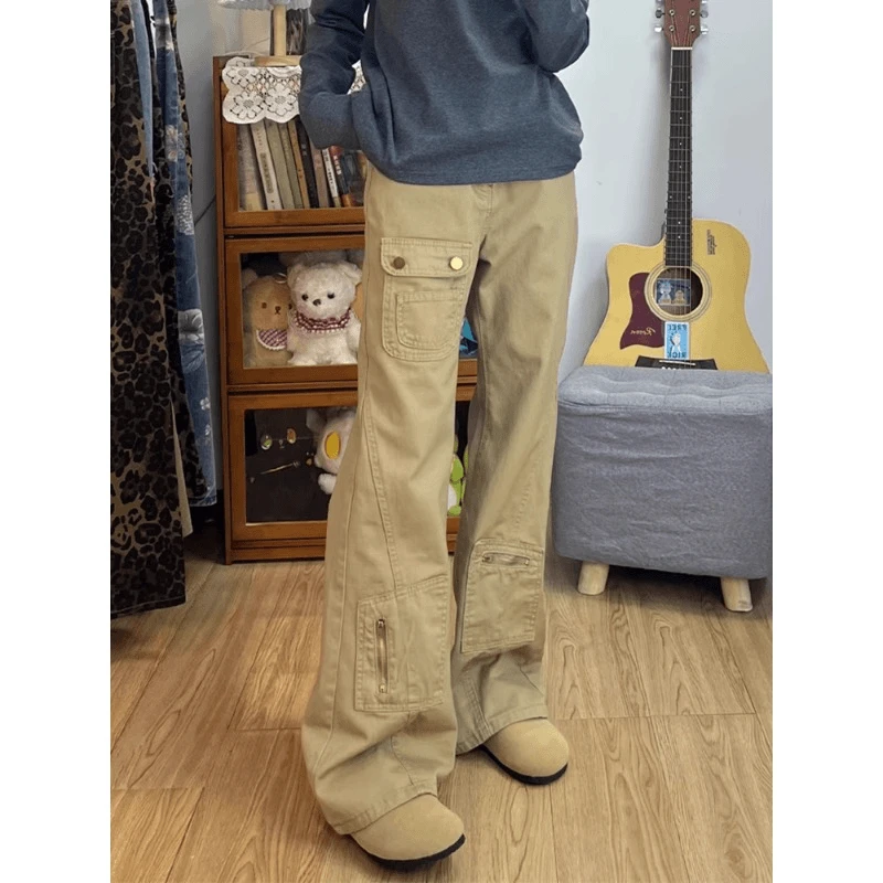 美式vintage复古工装牛仔裤男款春秋季高级感卡其色微喇阔腿裤子