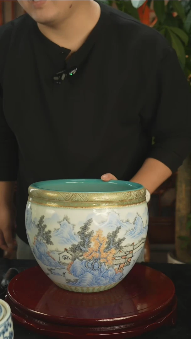其他素*粉彩山水画片缸