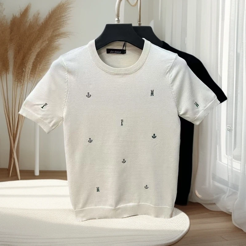 流行杏色刺绣薄款针织短袖t恤男夏季圆领半袖毛衣2025新款半截袖