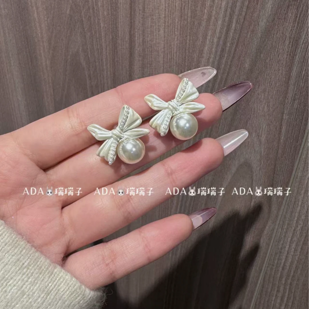 铜合金仿珍珠耳饰 463 可爱白色大蝴蝶结珠珠耳钉