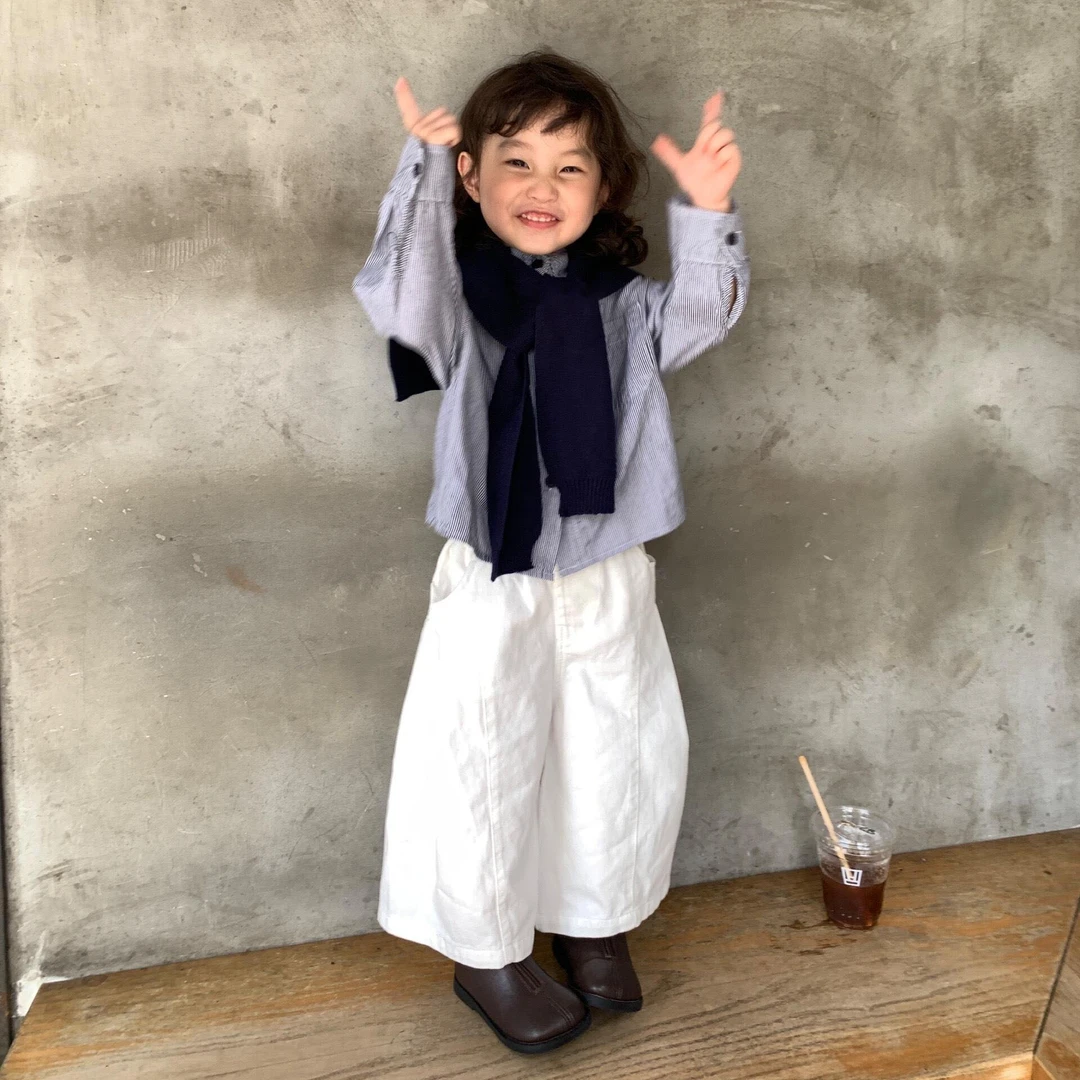 小思家2025秋季新款女童韩版洋气学院风宽松条纹衬衫休闲裤套装