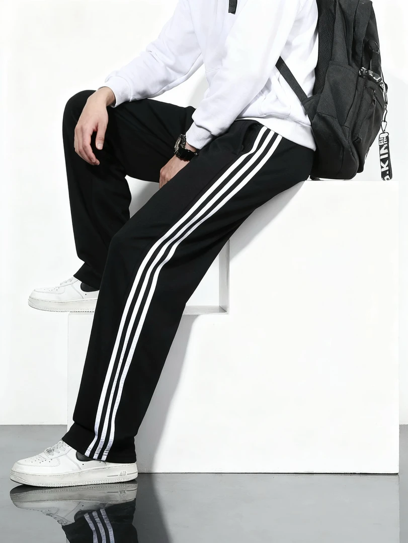 秋冬季棉料休闲裤三杠条纹直筒宽松运动裤春秋款加绒款男女同款