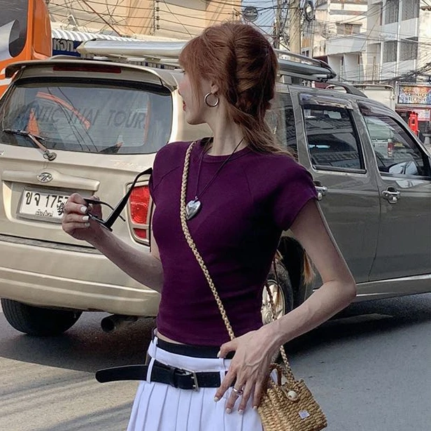 千朔夏季正肩T恤女露脐插肩小飞袖小个子短袖美式紧身辣妹短上衣