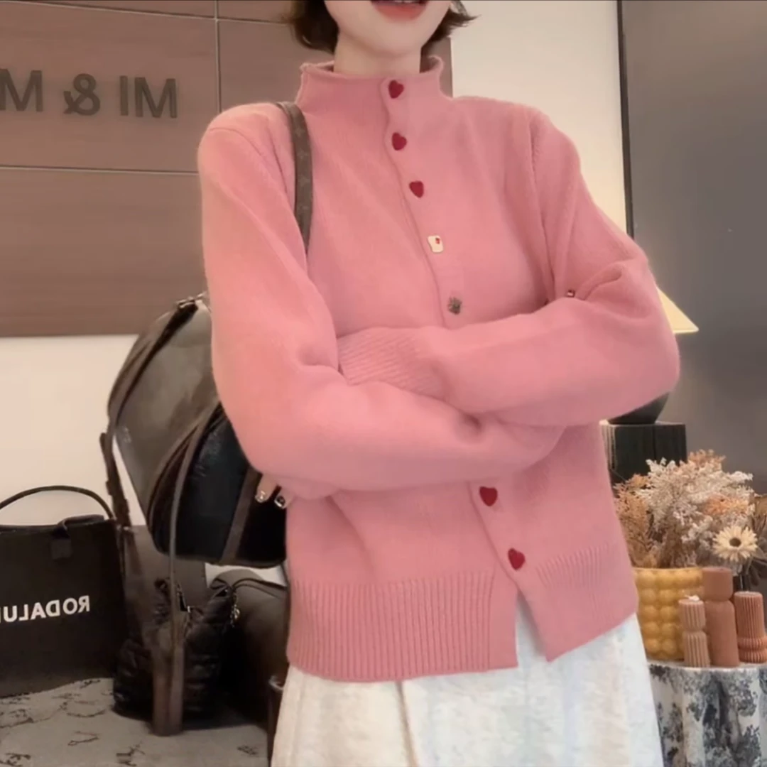 韩版彩色爱心扣半高领秋冬百搭宽松显瘦保暖简约纯色打底针织开衫