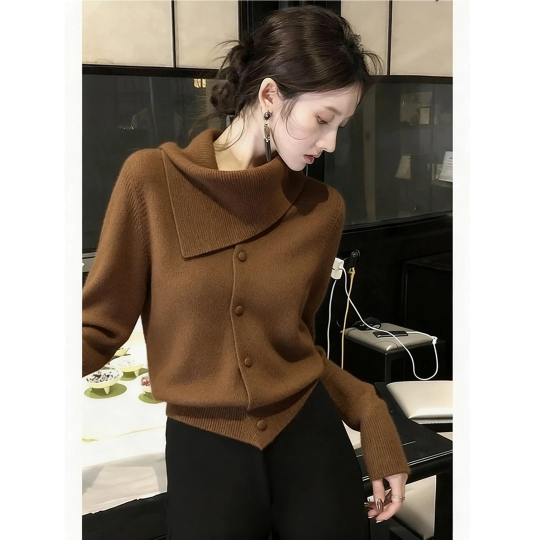 秋冬新款针织翻领慵懒风纯色毛针织衫百搭上衣小众炸街高级感女装