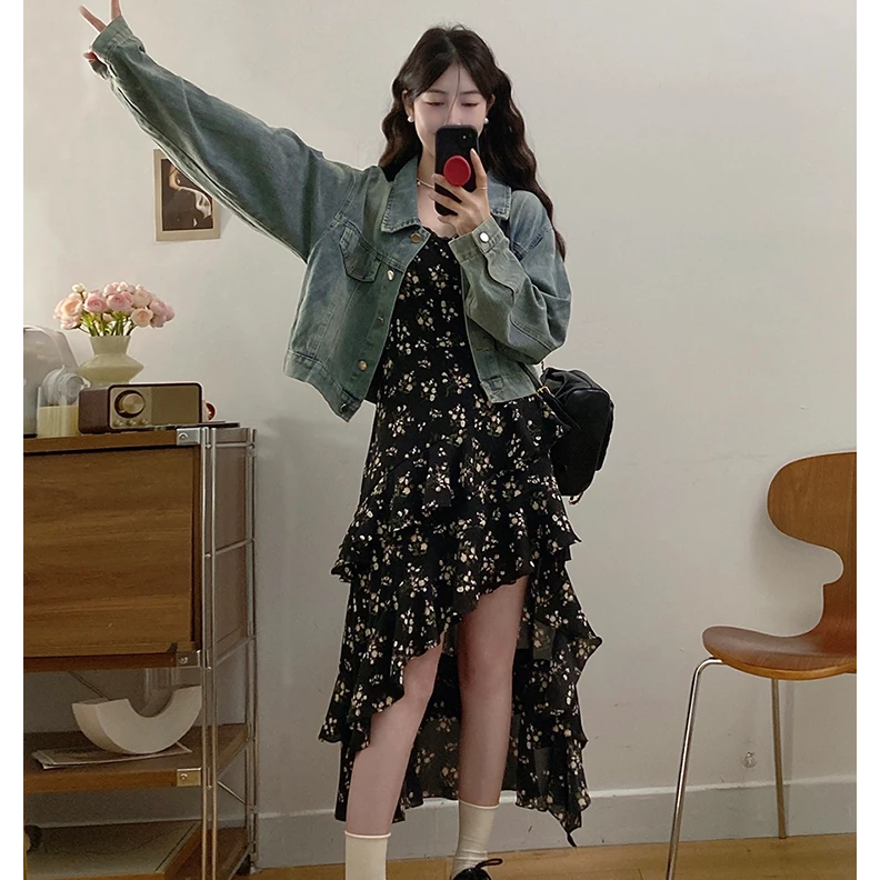 大码女装黑色荷叶边不规则碎花吊带裙蓝色短款气质牛仔外套套装
