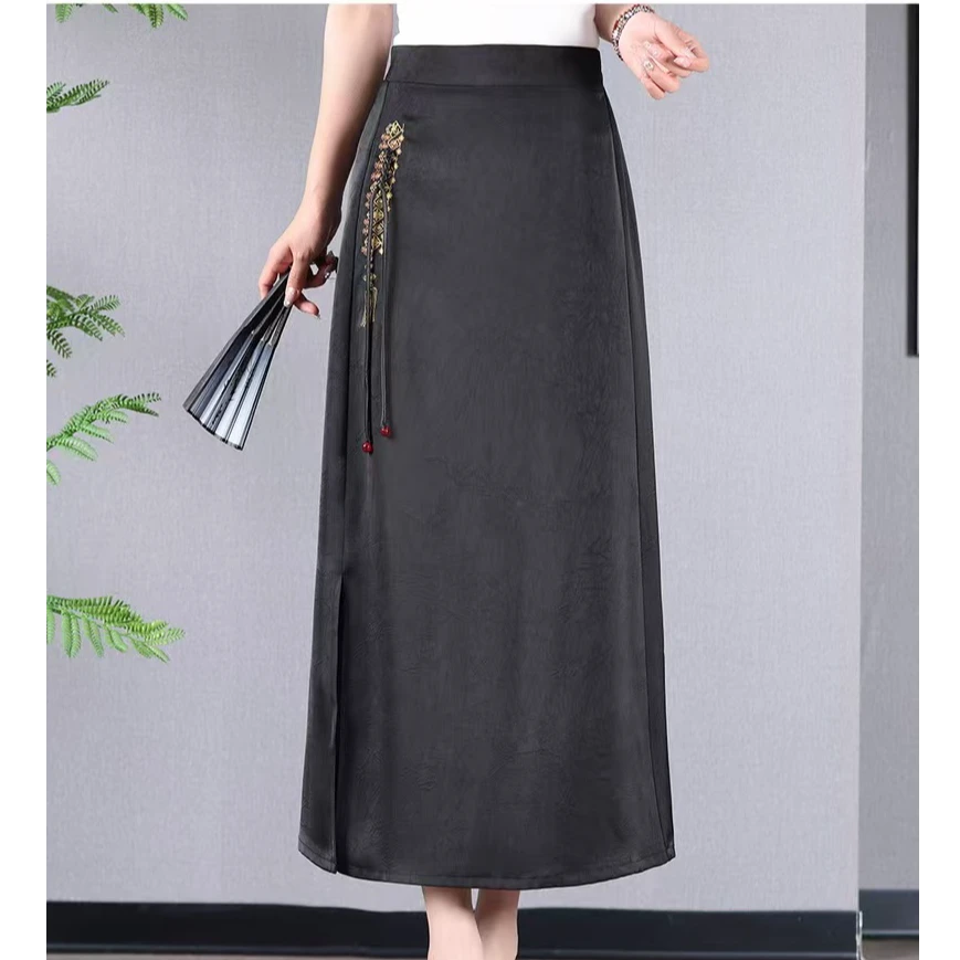 夏季新款国风时尚丝缎半身裙中长款百搭高腰显瘦时尚新中式H型
