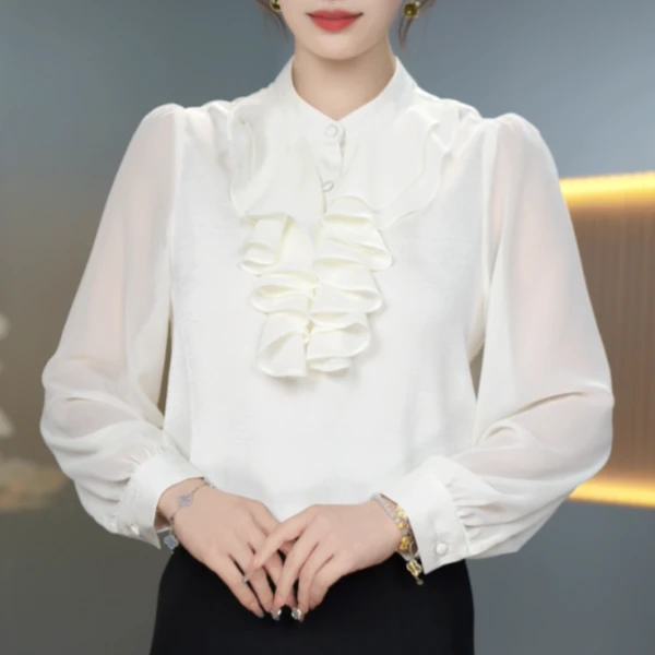 M新款设计感小众时尚气质女木耳领长袖衬衫百搭0828-3